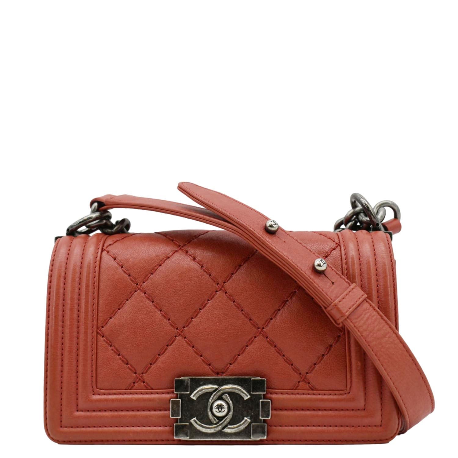Chanel Double Stitch Boy Flap Quilted Leather Red Travel Bag