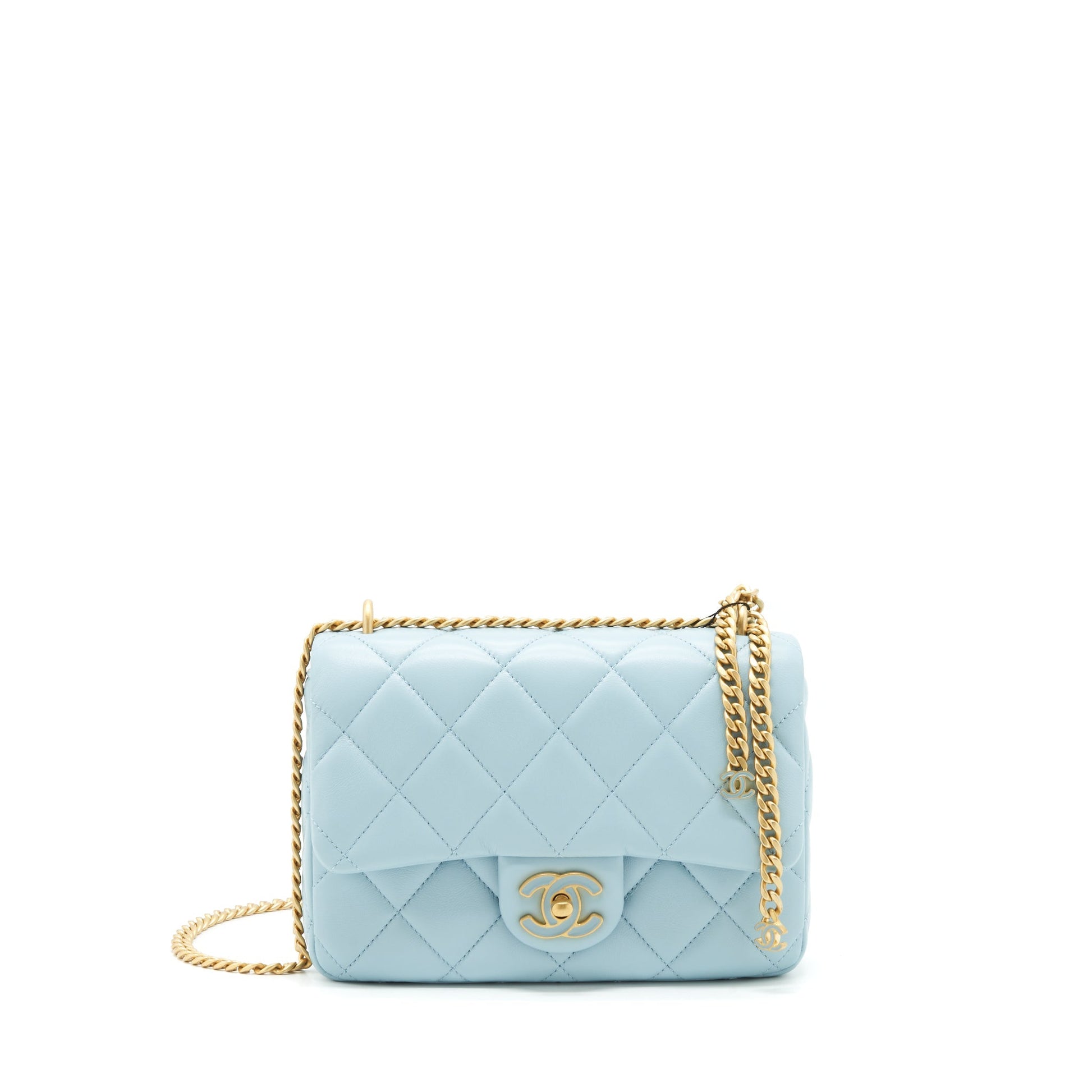 Chanel 22P Enemal Flap Lambskin Light Hardware Blue Gold Small Shoulder Bag