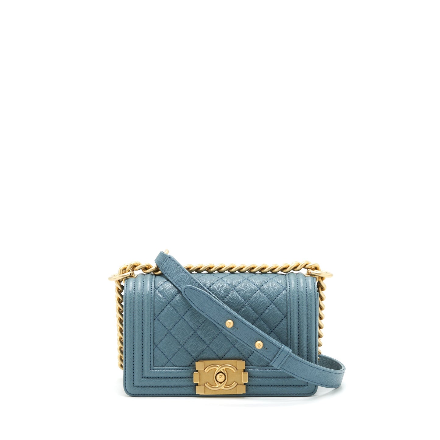 Chanel Boy Caviar Greyish Brushed GHW Blue Small Handbag