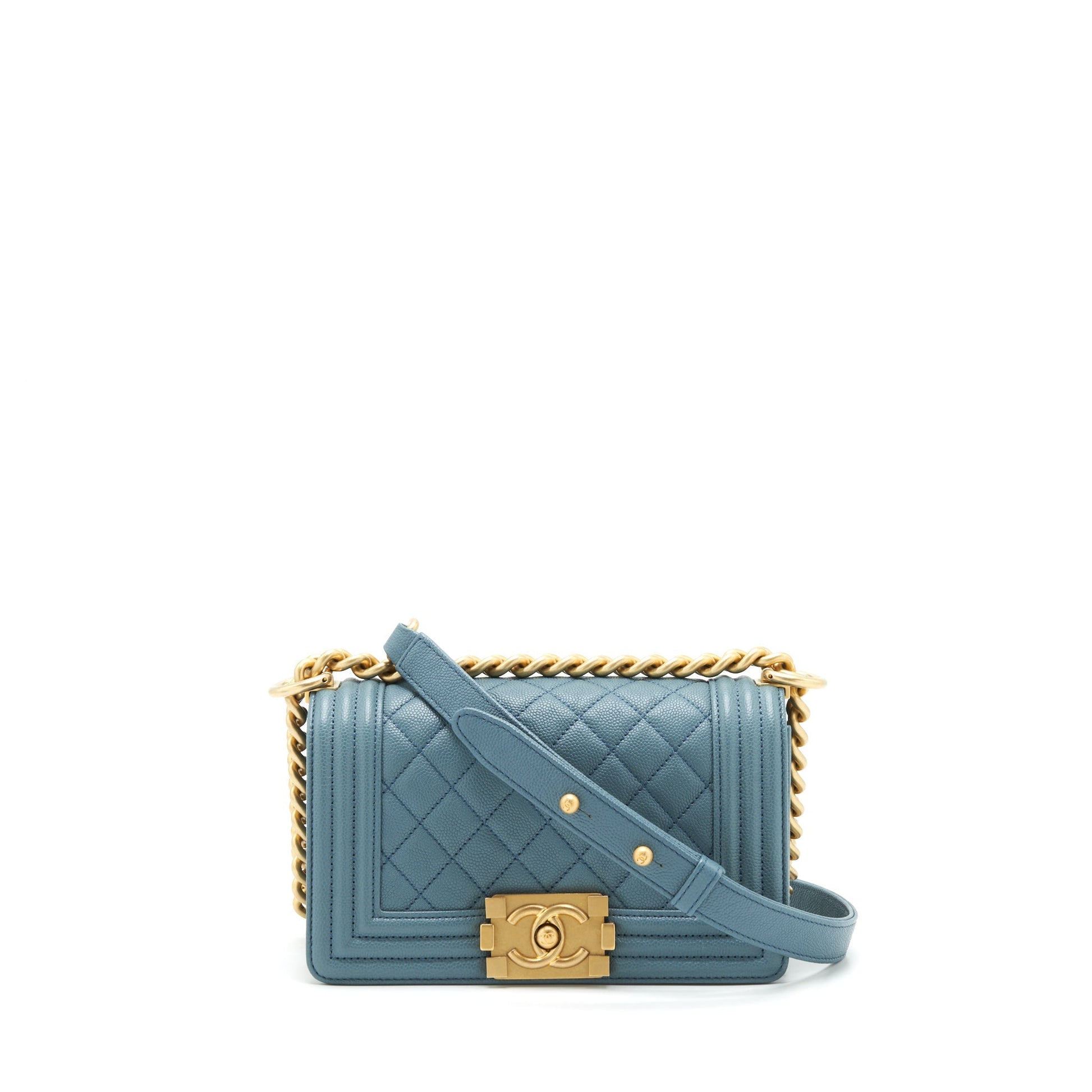 Chanel Boy Caviar Greyish Brushed GHW Blue Small Handbag