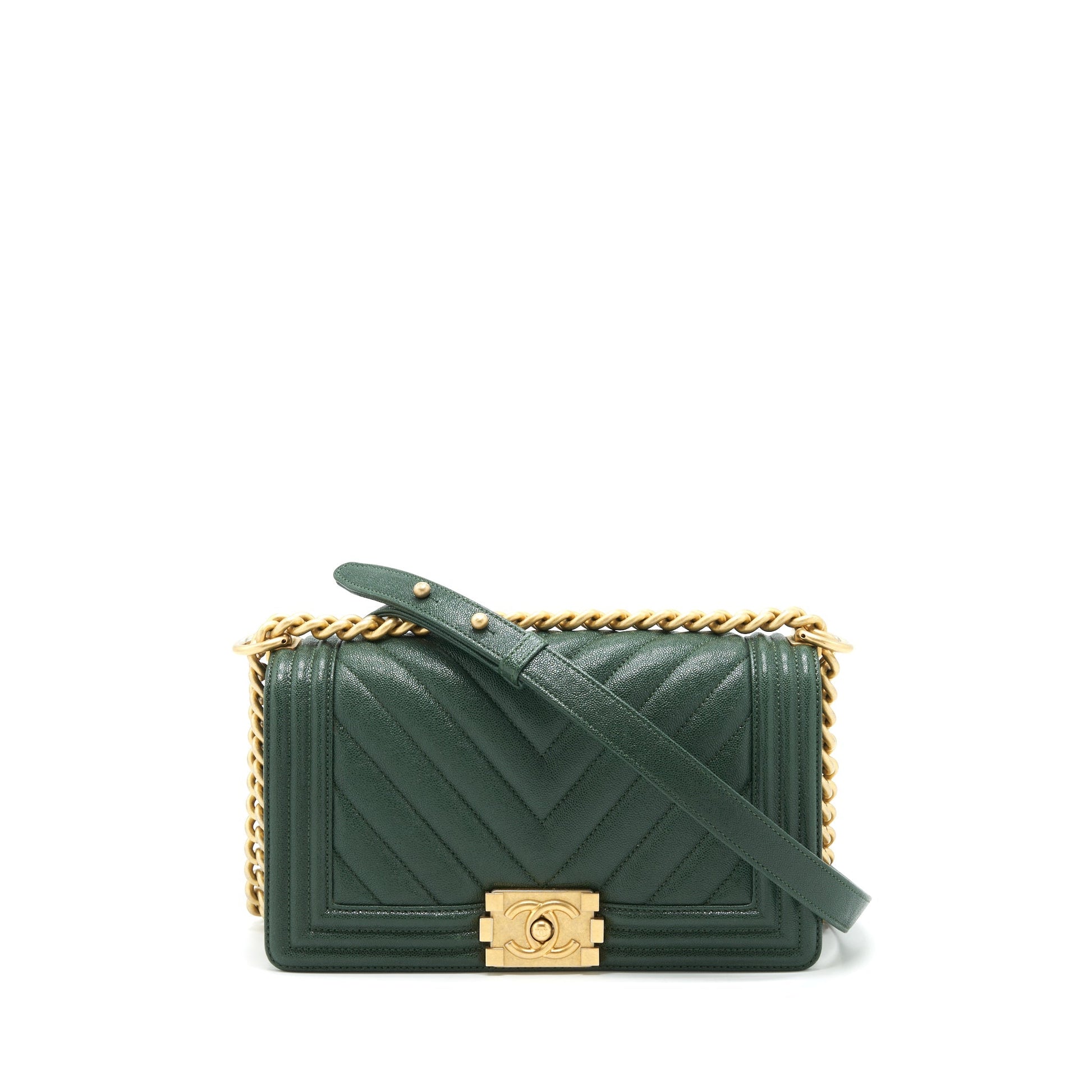 Chanel Chevron Boy Caviar Brushed GHW Green Handbag