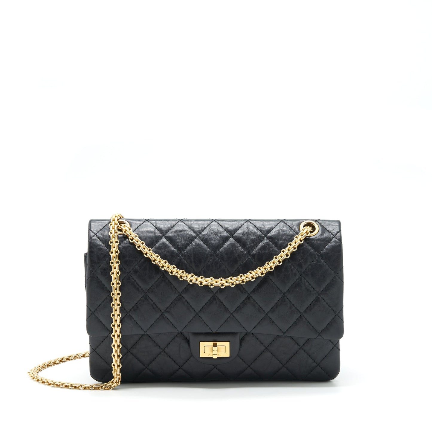 Chanel 2.55 226 Reissue Double Flap Calfskin Black Gold Shoulder Bag
