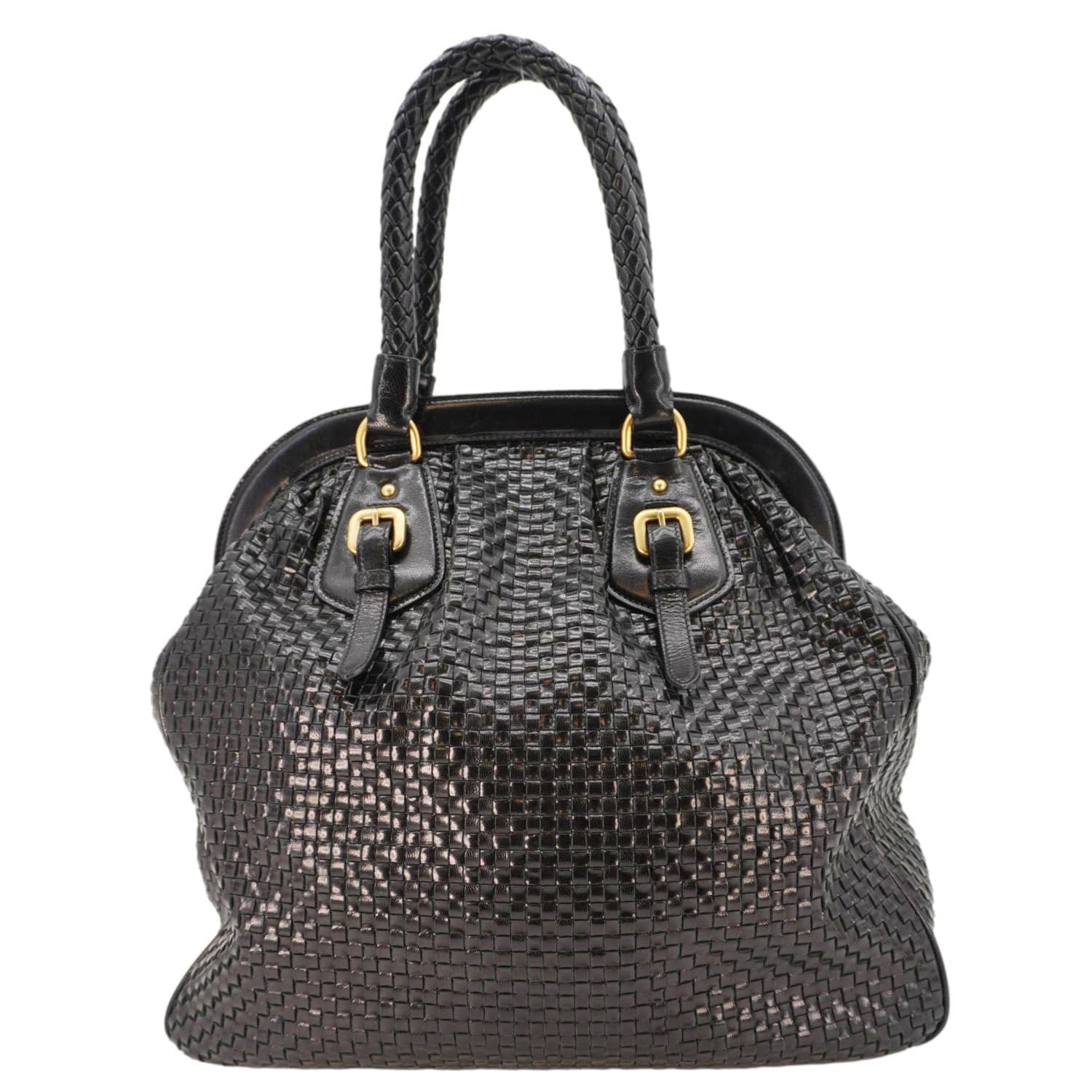 Prada Frame Madra Tote Bag Leather Black Woven