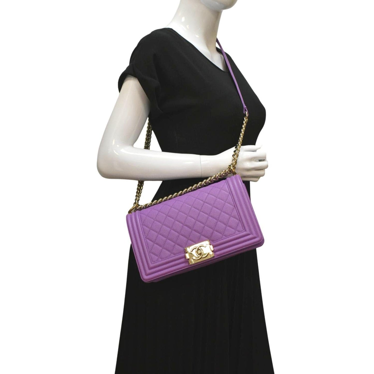Chanel Boy Flap Quilted Caviar Purple Leather Travel Bag