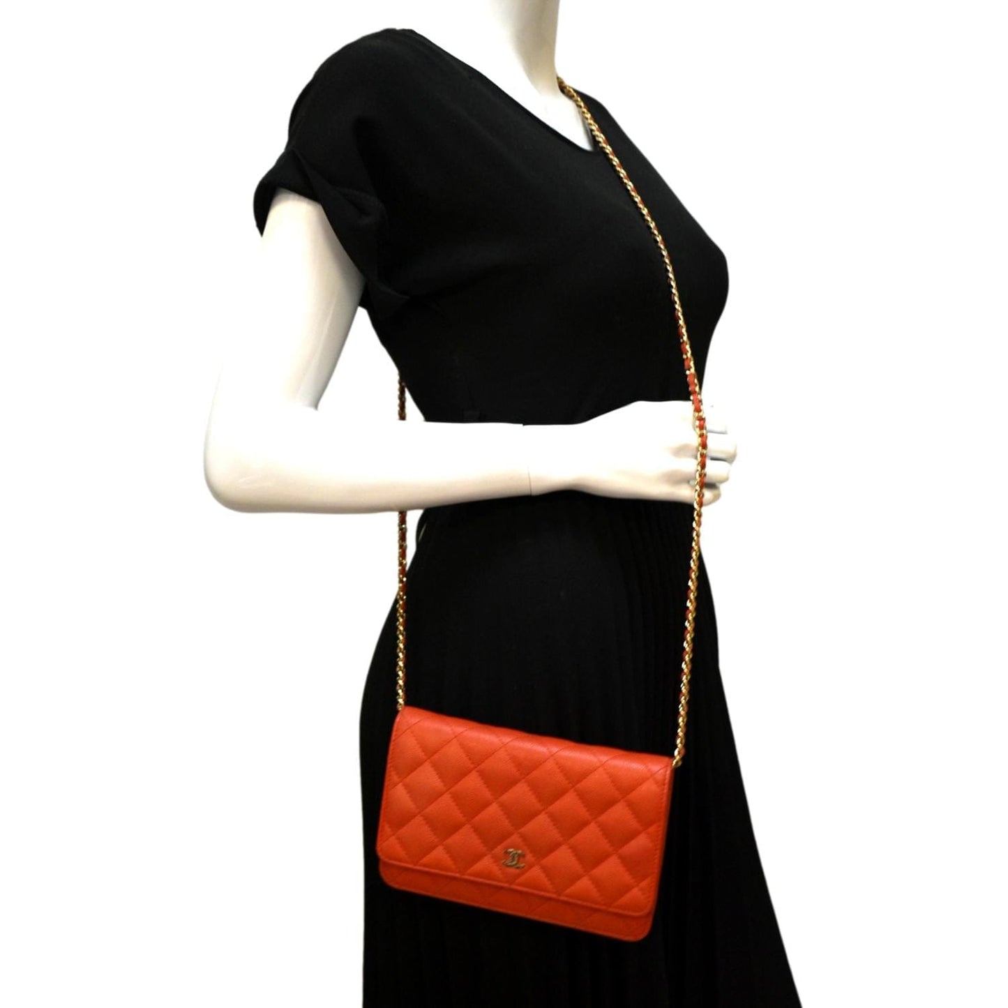 Chanel WOC Quilted Caviar Leather Red Orange Wallet Case