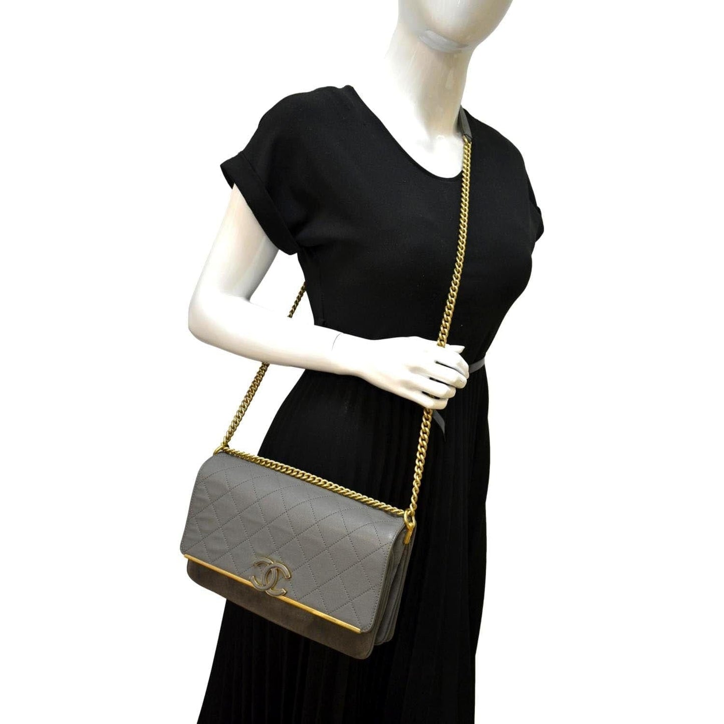 Chanel Lady Coco Flap Suede Caviar Leather Gray Travel Bag