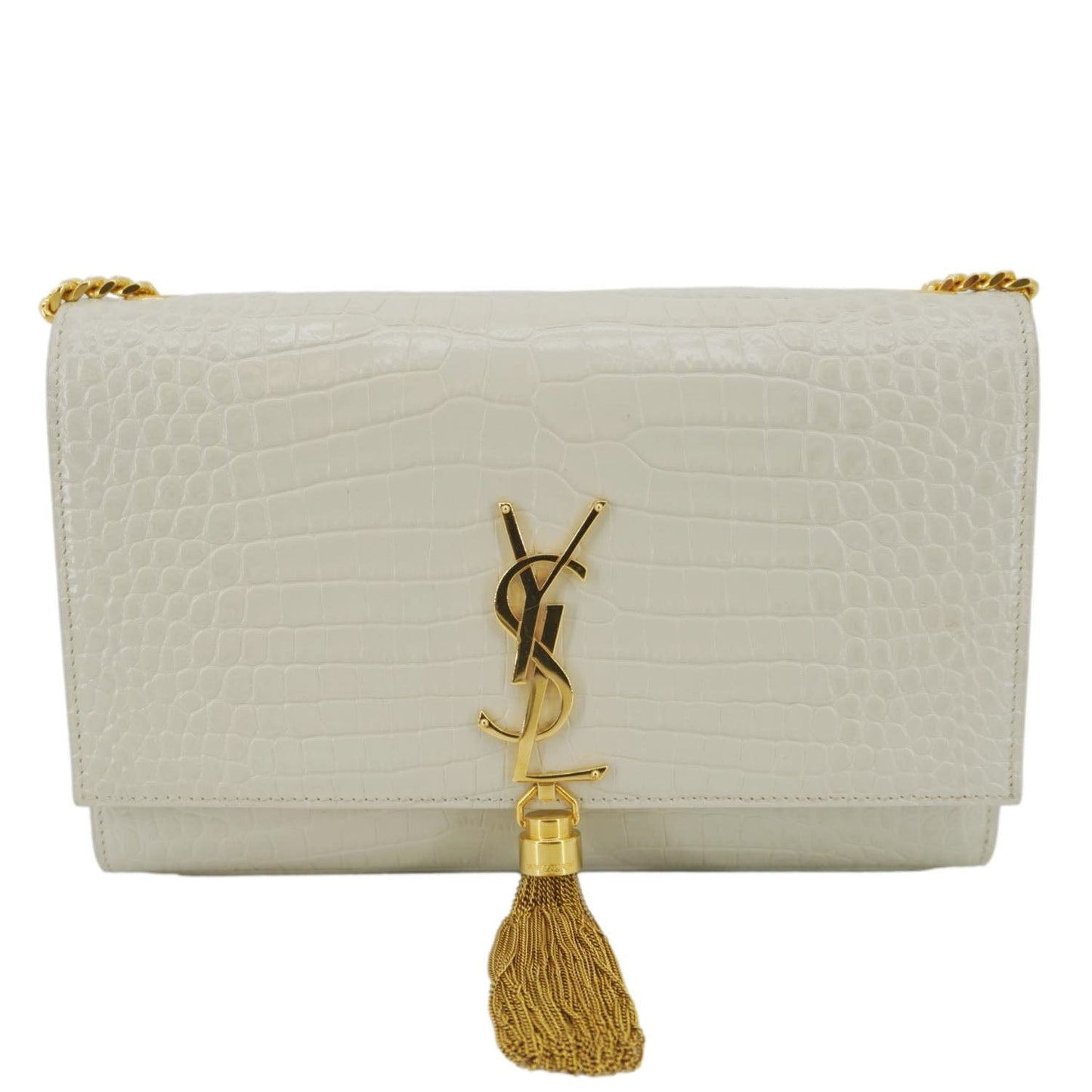 YSL Saint Laurent Yves Kate Tassel Crocodile Crossbody Bag Leather White Medium