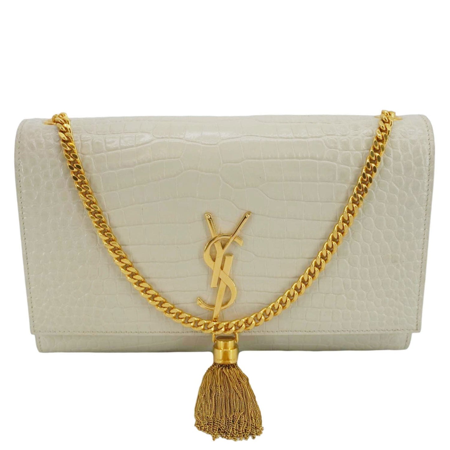 YSL Saint Laurent Yves Kate Tassel Crocodile Crossbody Bag Leather White Medium