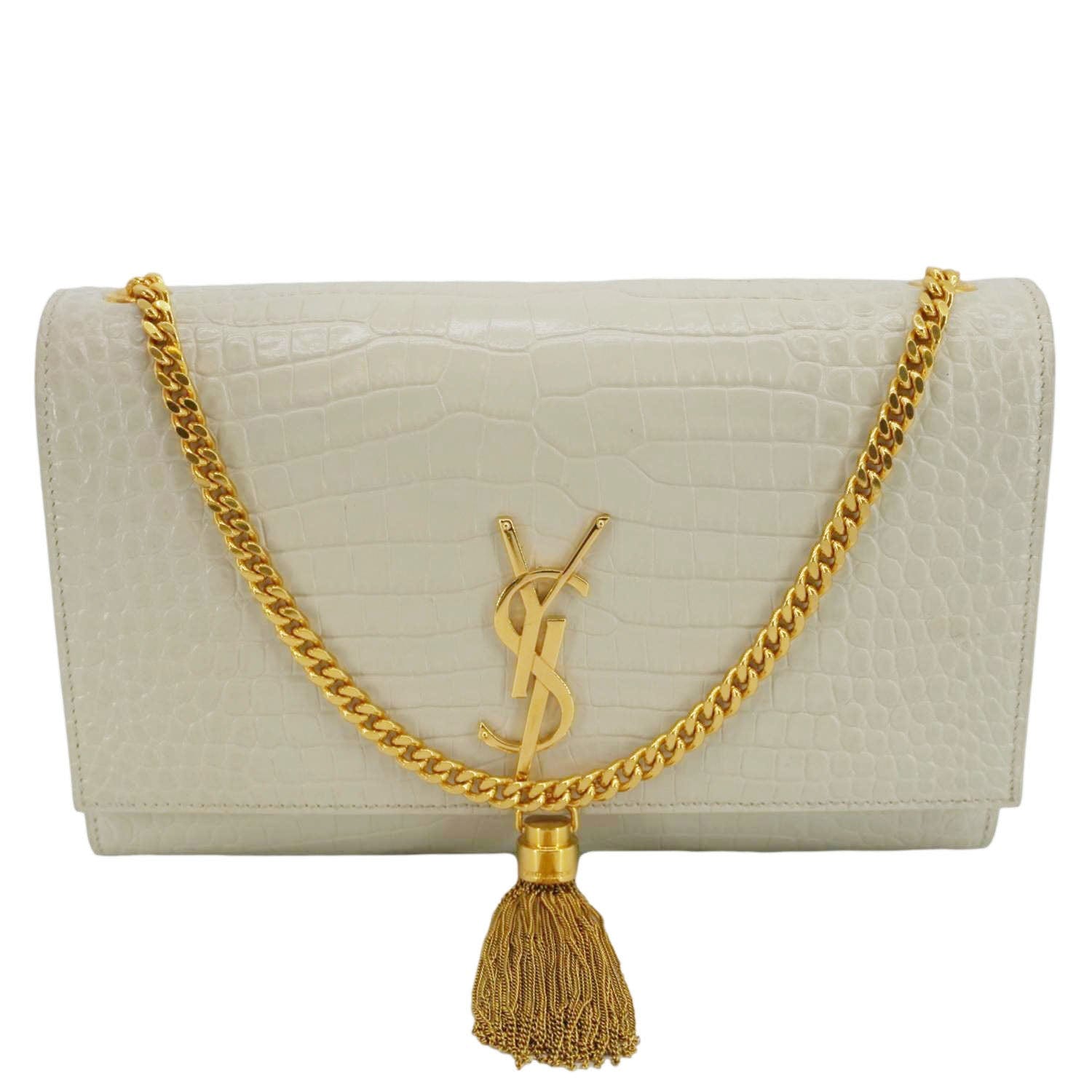 YSL Saint Laurent Yves Kate Tassel Crocodile Crossbody Bag Leather White Medium