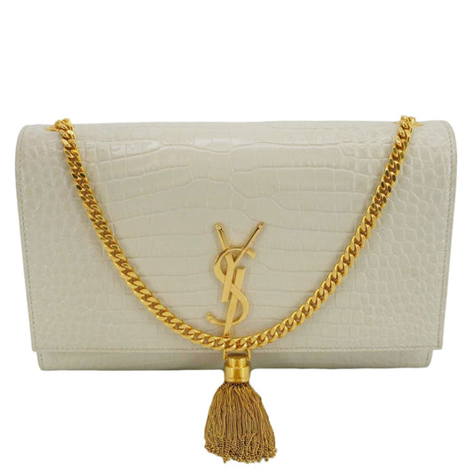 YSL Saint Laurent Yves Kate Tassel Crocodile Crossbody Bag Leather White Medium