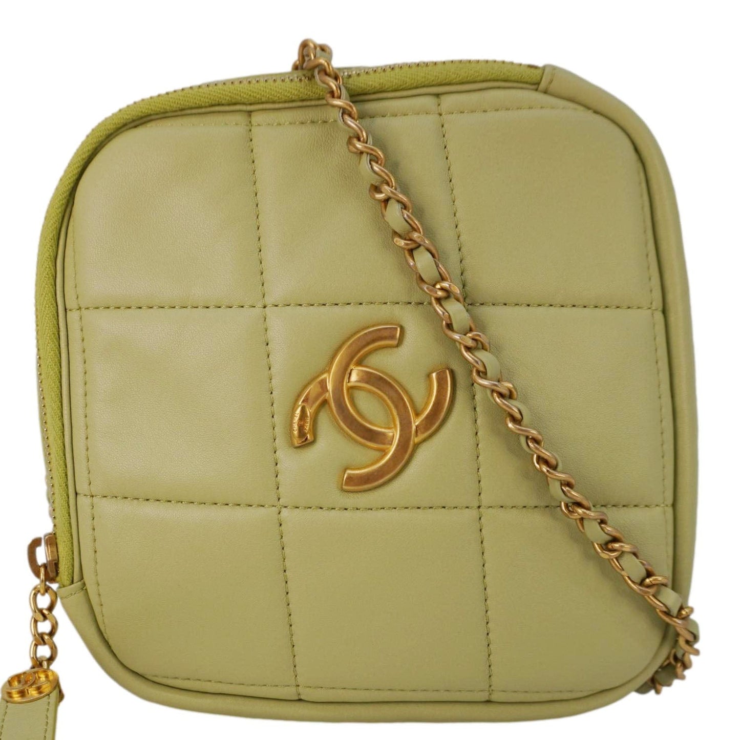 Chanel Diamond Quilted Lambskin Leather Coin Purse Chain Crossbody Bag Green