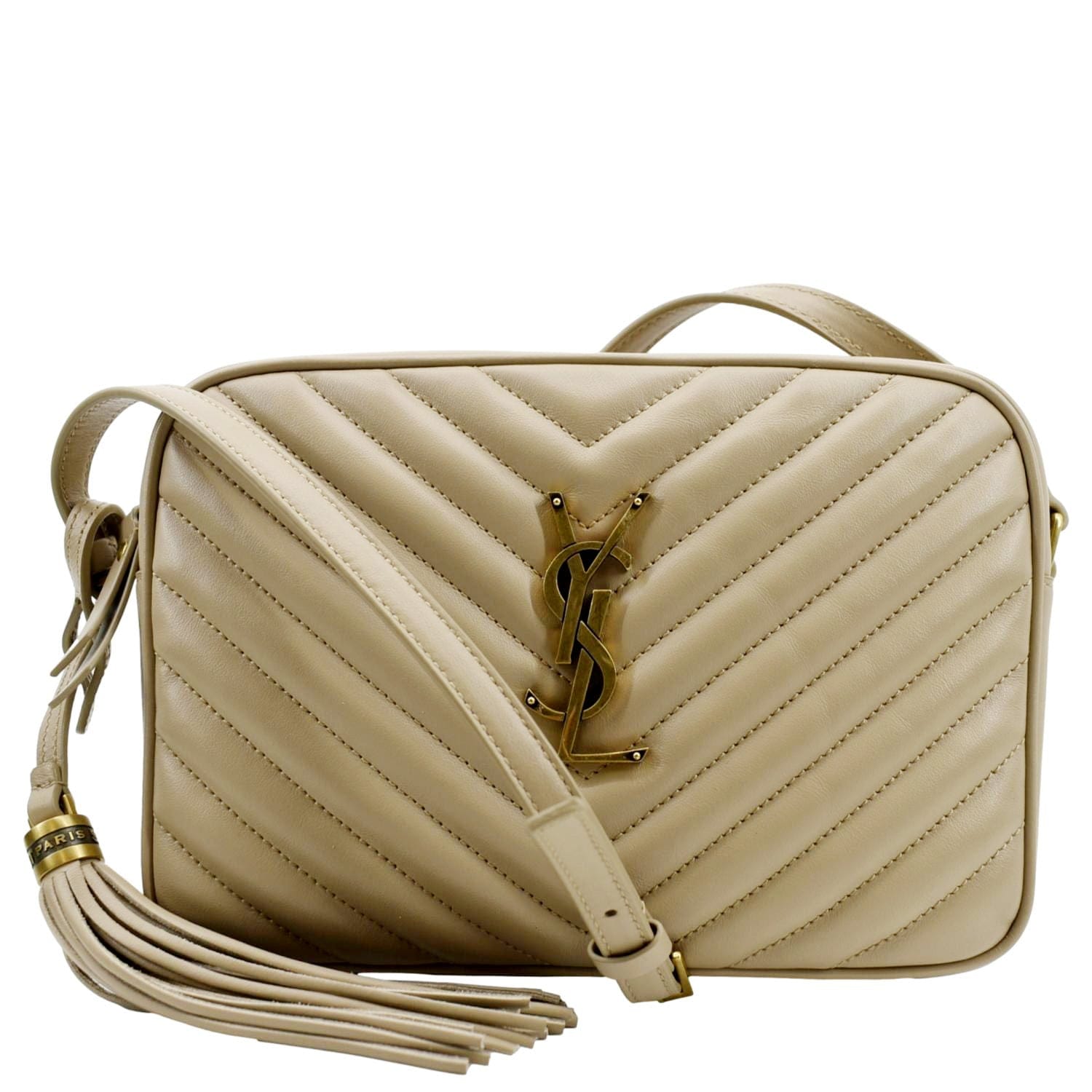 YSL Saint Laurent Yves Lou Camera Chevron Crossbody Bag Creme Leather