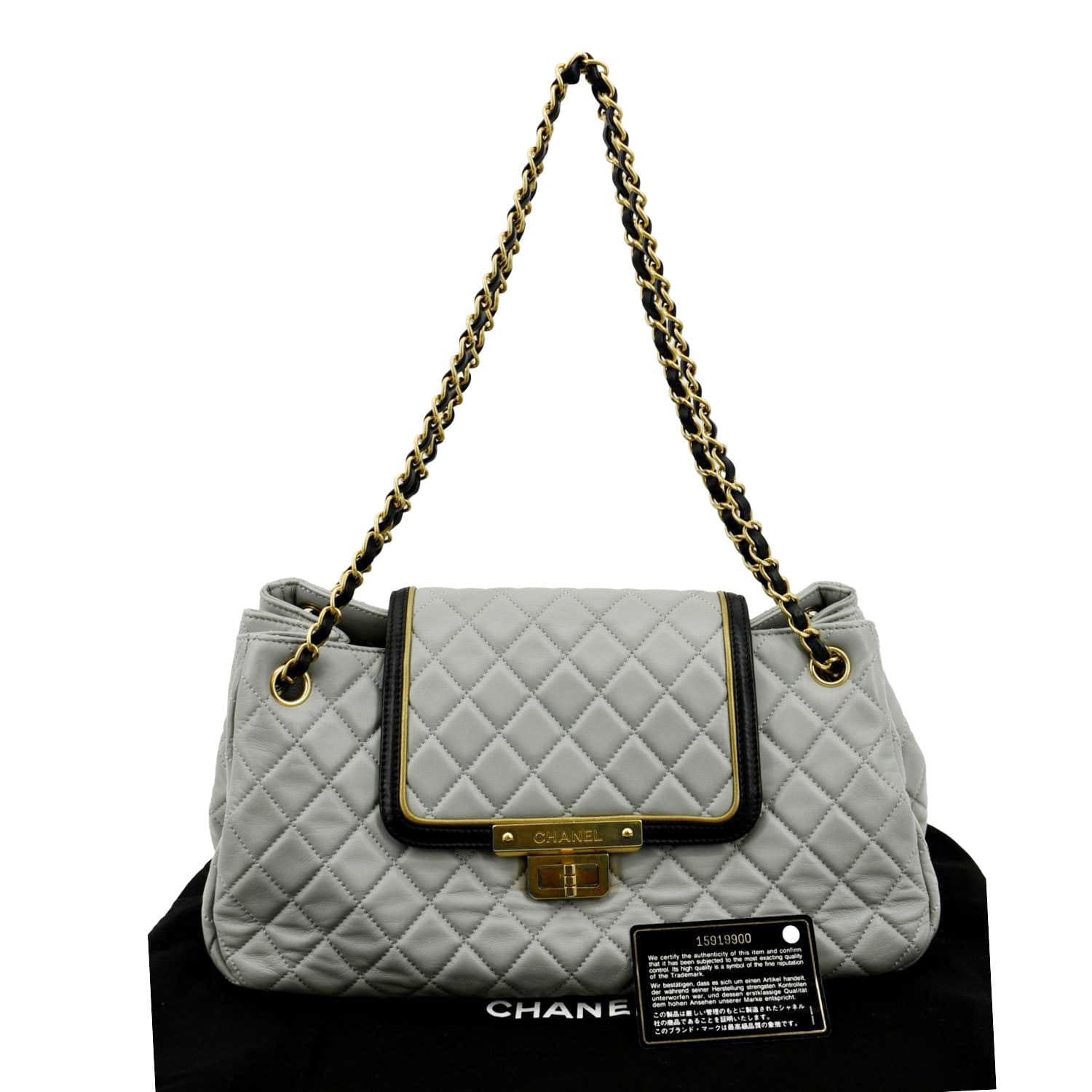 Chanel East West Accordion Flap Quilted Leather Calfskin Grey Travel Bag
