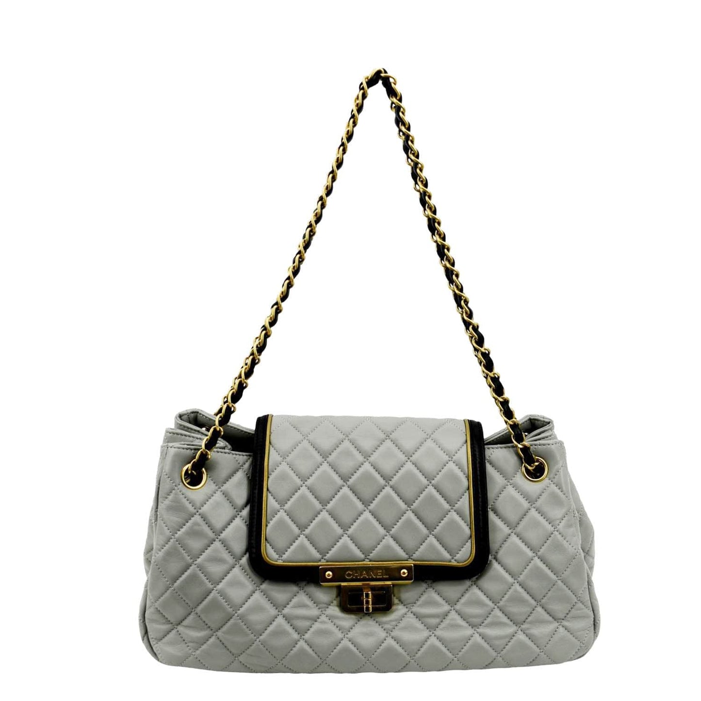 Chanel East West Accordion Flap Quilted Leather Calfskin Grey Travel Bag