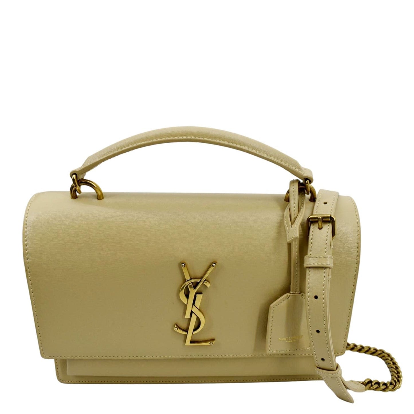 YSL Saint Laurent Yves Sunset Shoulder Bag Leather Monogram Beige