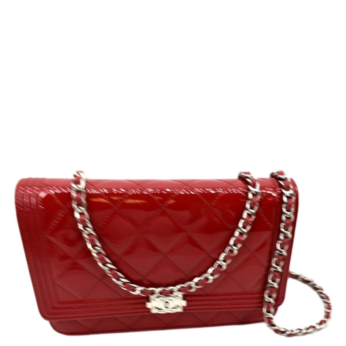Chanel Boy Woc on Quilted Patent Leather Red Wallet Case
