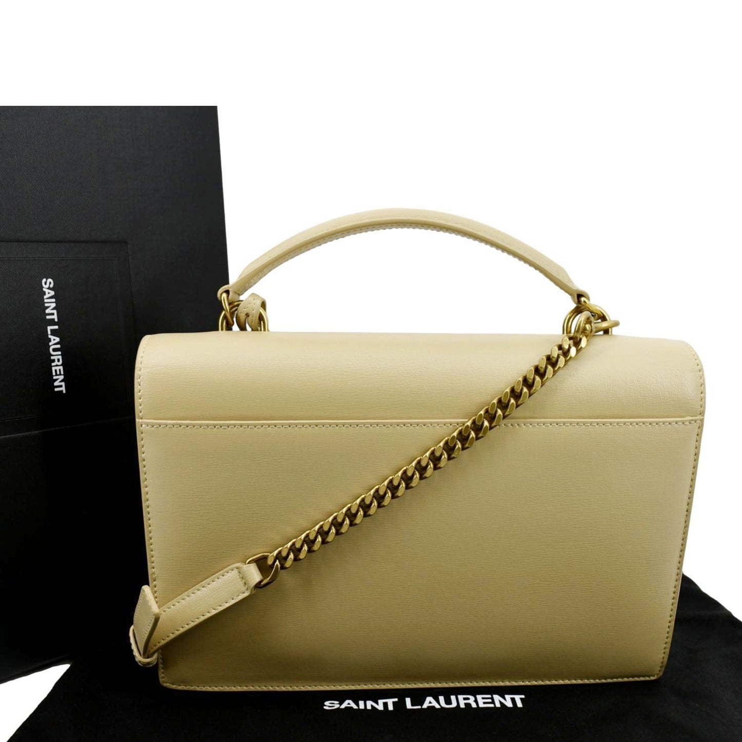 YSL Saint Laurent Yves Sunset Shoulder Bag Leather Monogram Beige