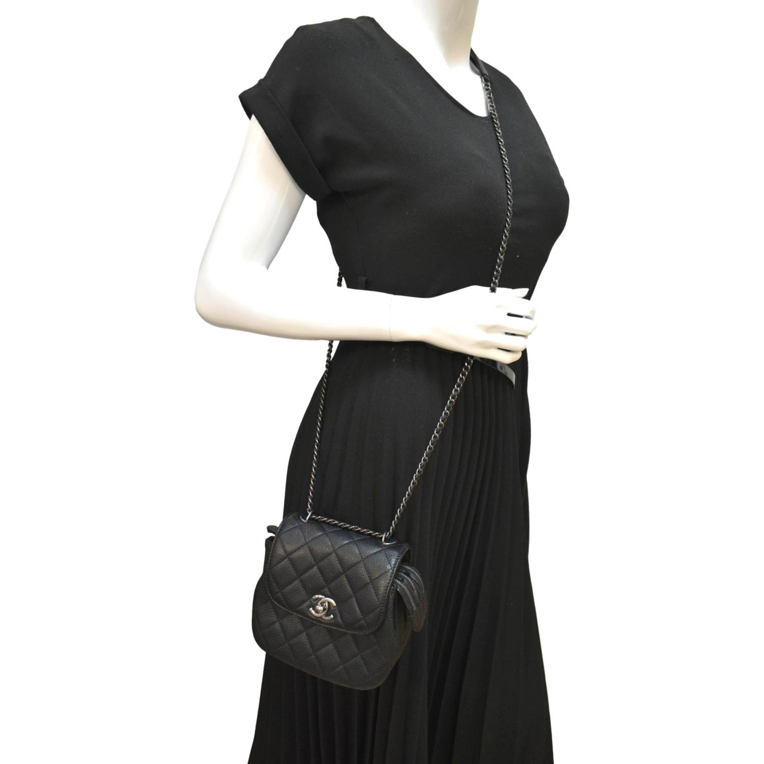 Chanel CC Waiter Flap Goatskin Leather Black Travel Bag