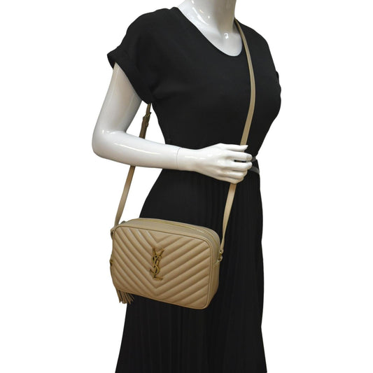 YSL Saint Laurent Yves Lou Camera Chevron Crossbody Bag Creme Leather