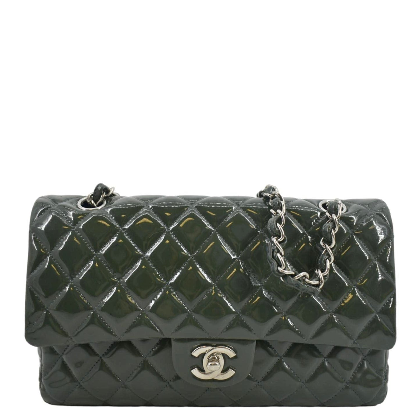 Chanel Flap Quilted Patent Leather Green Travel Bag