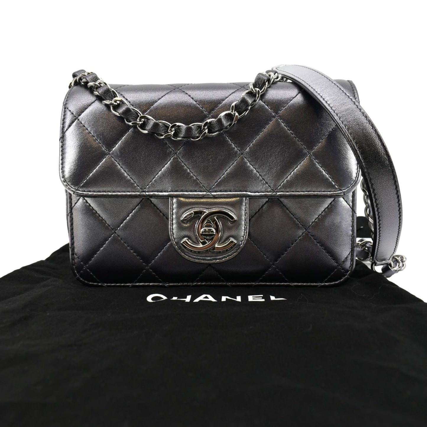 Chanel Like a Quilted Gunmetal Leather Lambskin Wallet Case