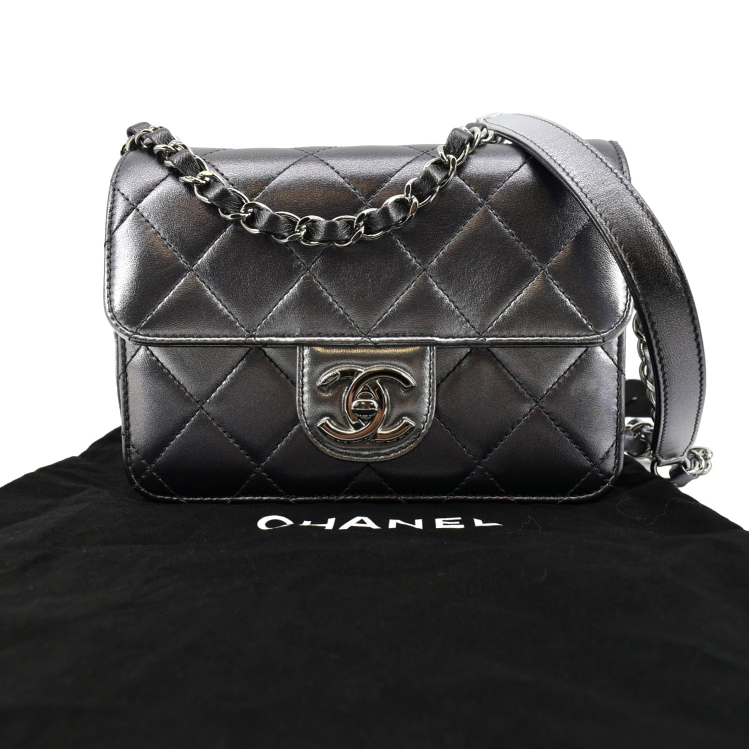 Chanel Like a Quilted Gunmetal Leather Lambskin Wallet Case