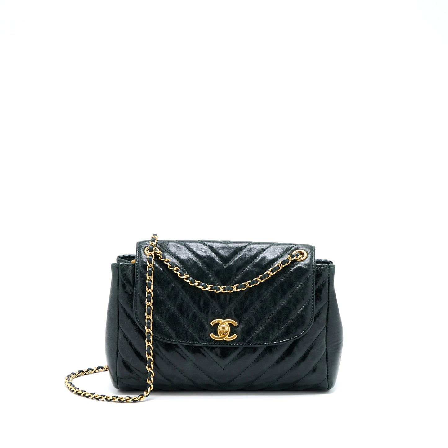 Chanel Chevron Hampton Flap Aged Calfskin Dark Green Shoulder Bag