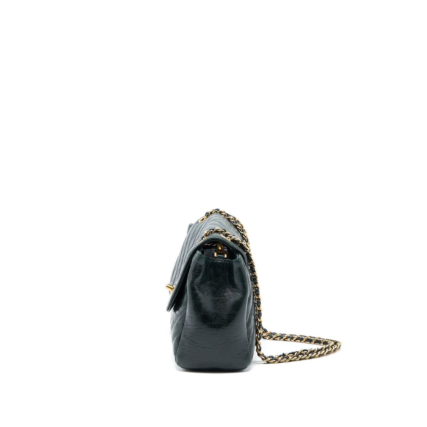 Chanel Chevron Hampton Flap Aged Calfskin Dark Green Shoulder Bag