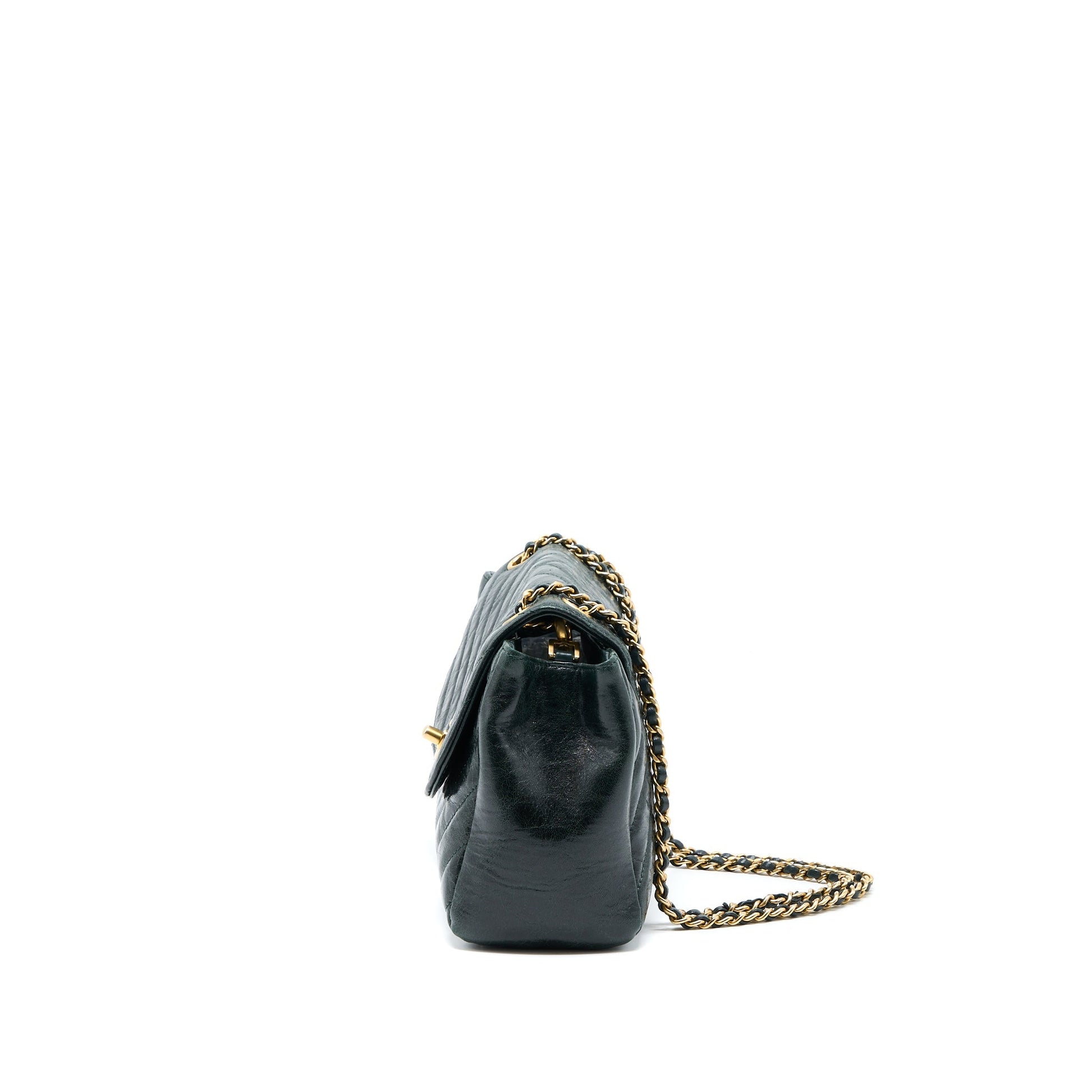 Chanel Chevron Hampton Flap Aged Calfskin Dark Green Shoulder Bag