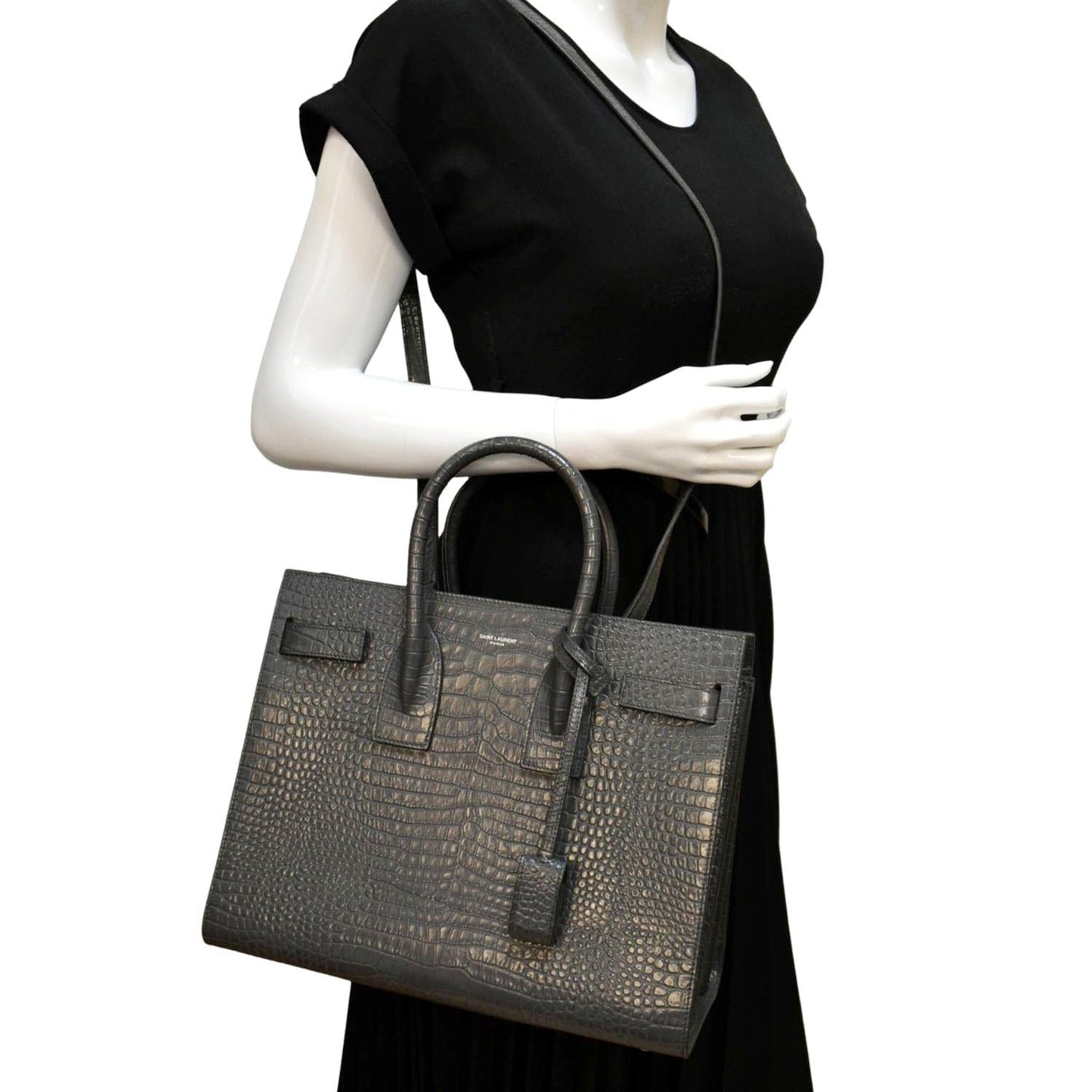 YSL Saint Laurent Saint Sac De Jour Crocodile Embossed Satchel Travel Bag