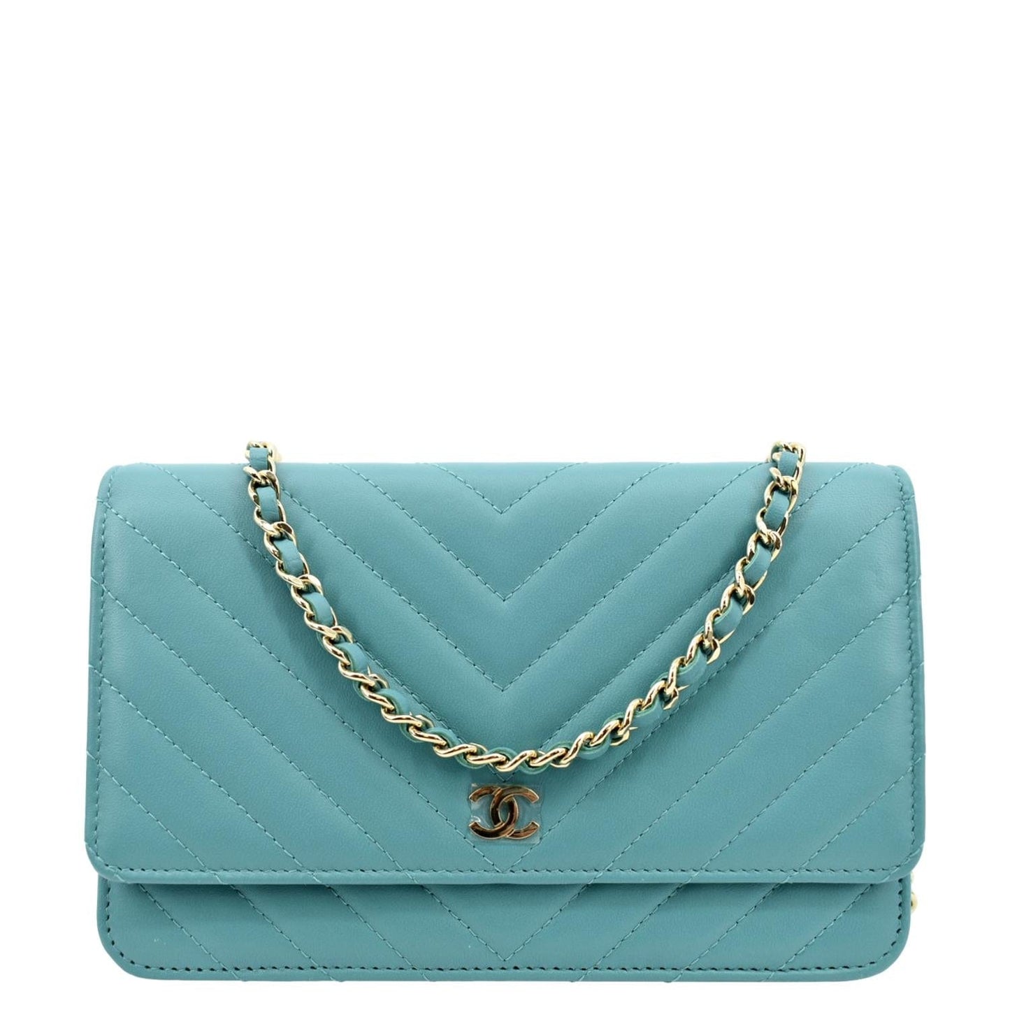 Chanel CC WOC Chevron On Turquoise Leather Wallet Case