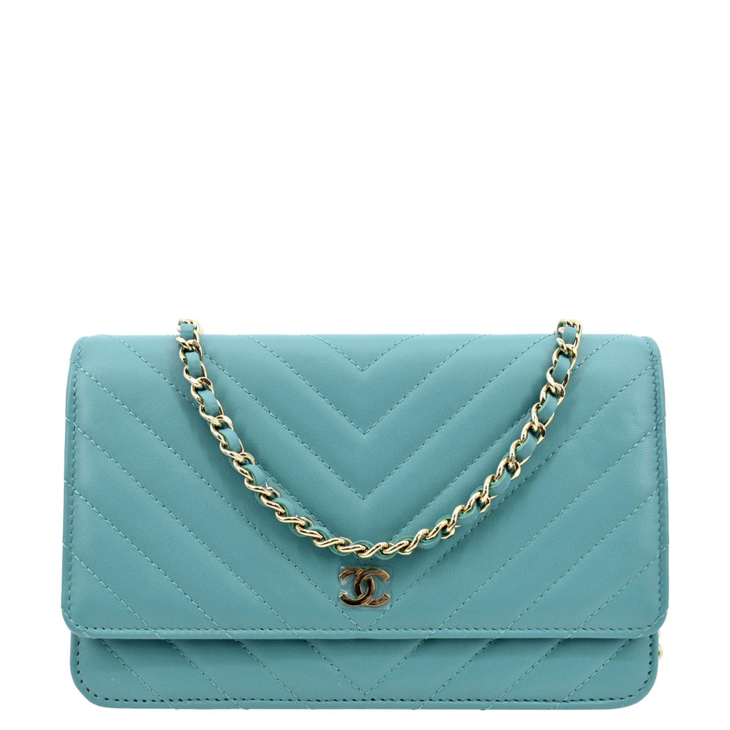 Chanel CC WOC Chevron On Turquoise Leather Wallet Case