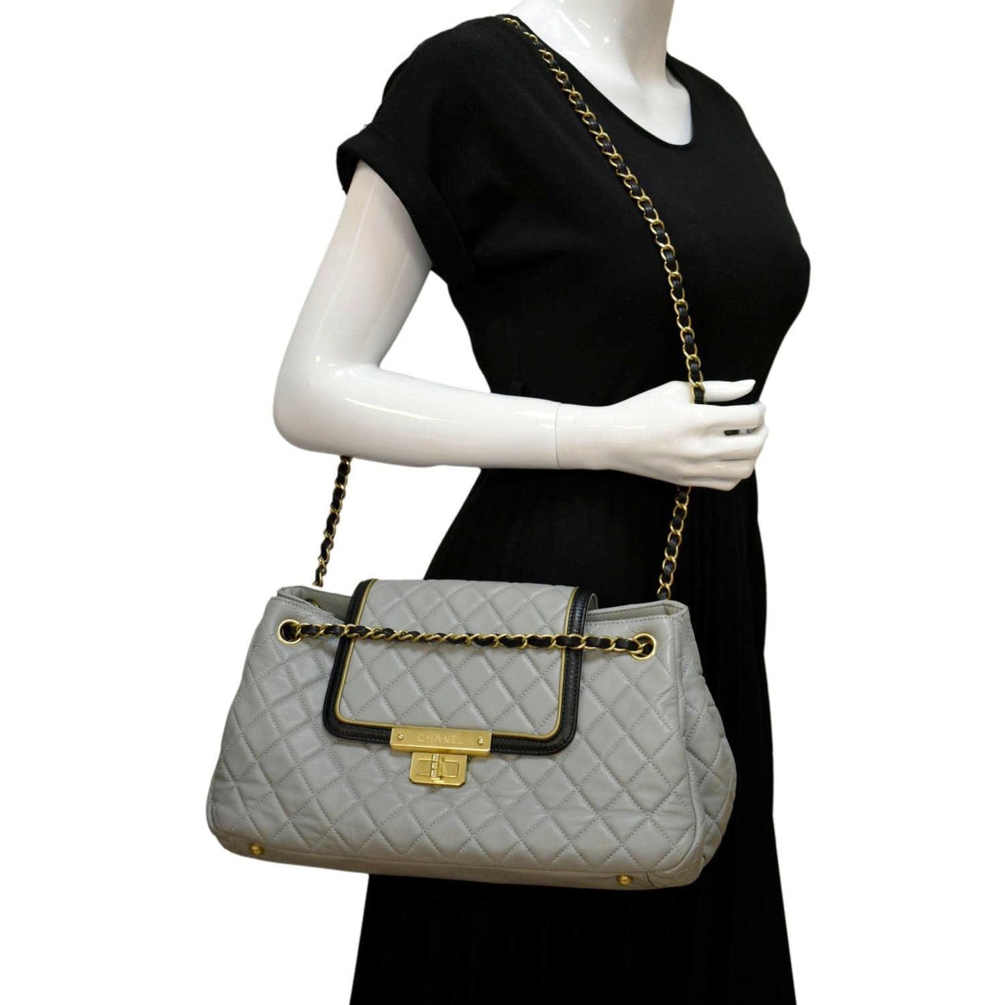 Chanel East West Accordion Flap Quilted Leather Calfskin Grey Travel Bag