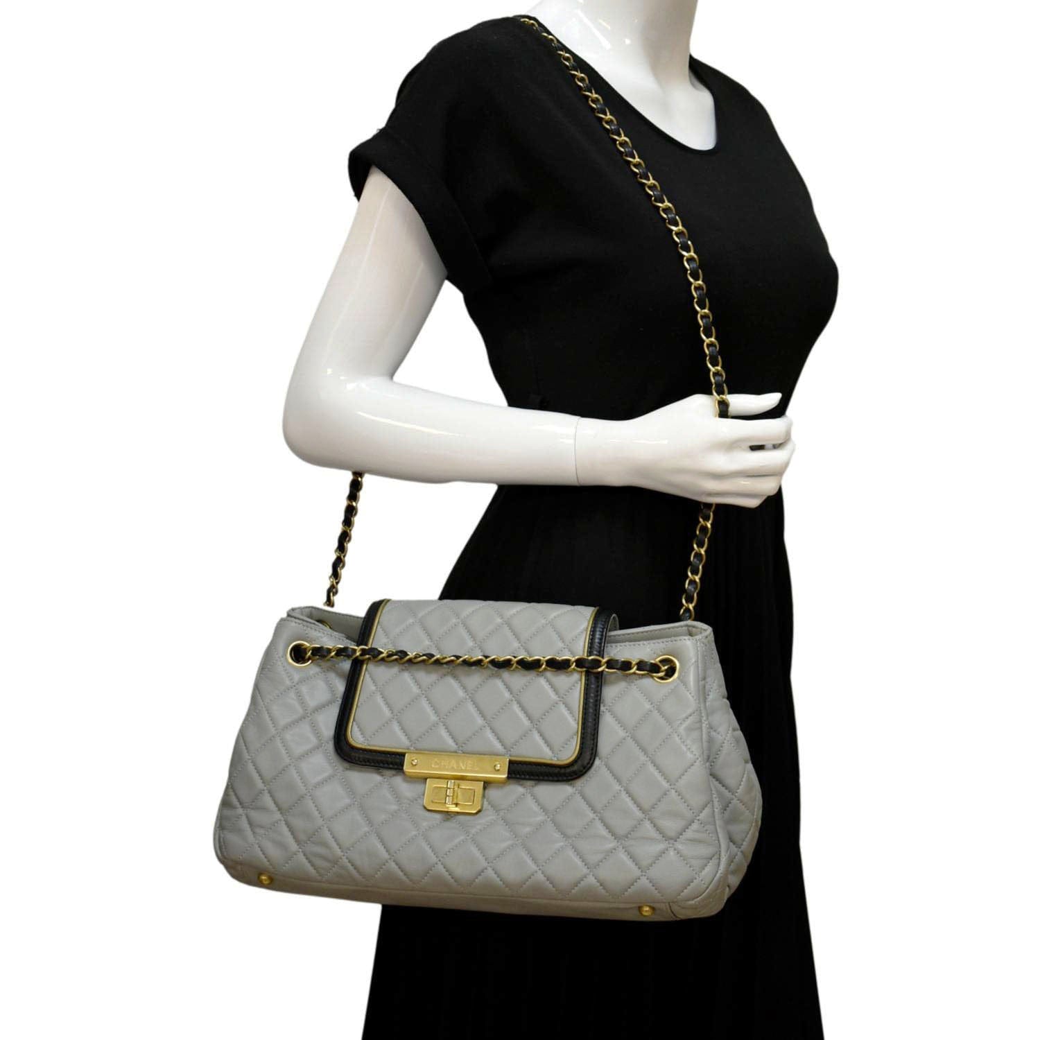 Chanel East West Accordion Flap Quilted Leather Calfskin Grey Travel Bag