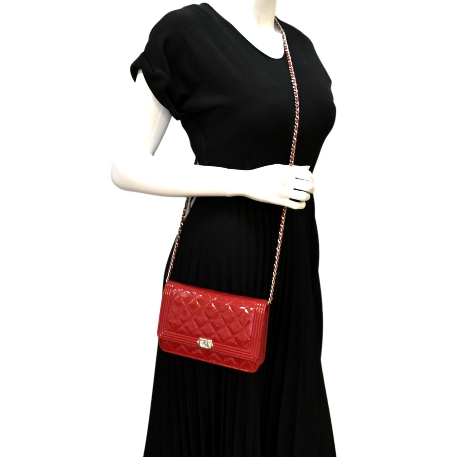 Chanel Boy Woc on Quilted Patent Leather Red Wallet Case