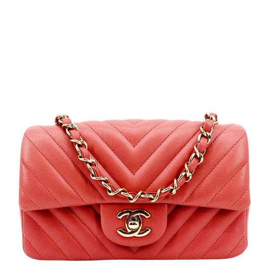 Chanel Rectangular Flap Mini Quilted Chevron Leather Shoulder Bag Red