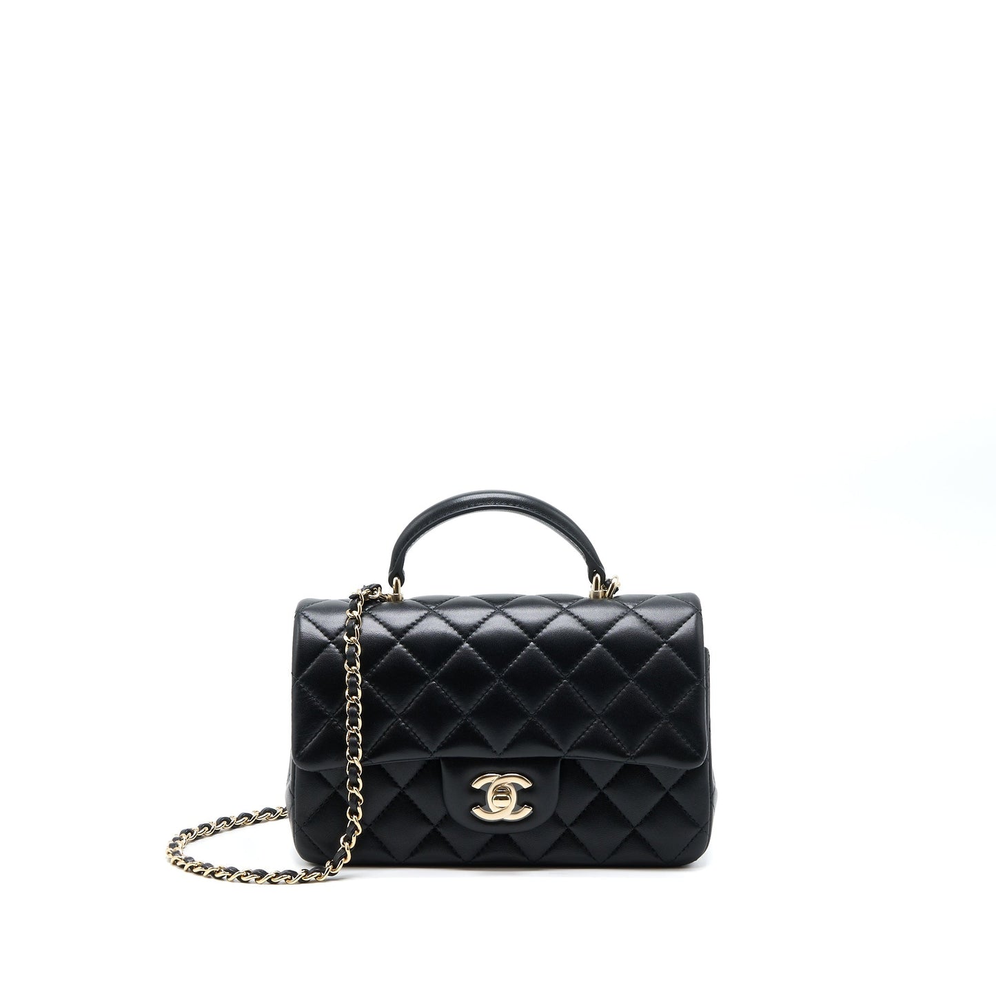 Chanel Top Handle Rectangular Flap Lambskin LGHW Black Shoulder Bag Ghw Microchip