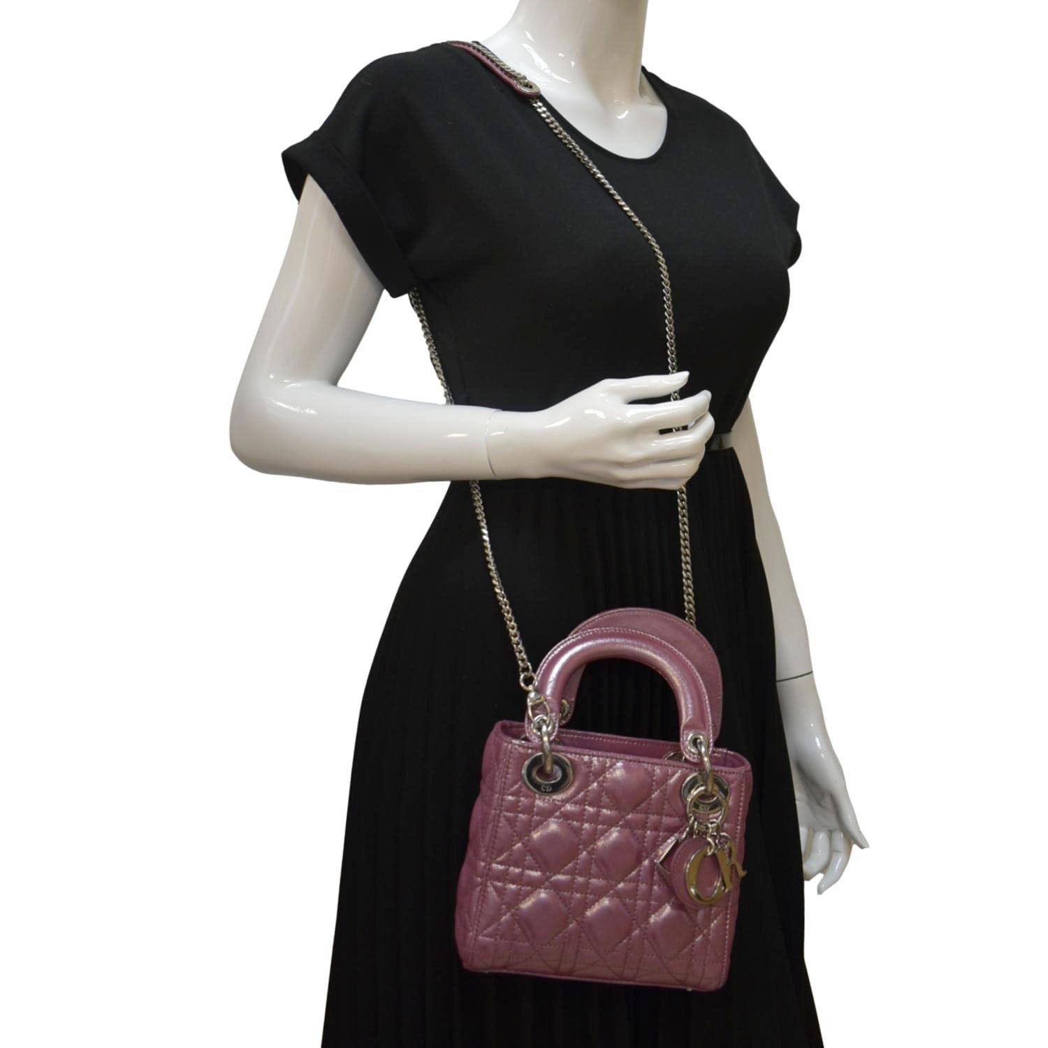 Dior Lady Pearlescent Cannage Lambskin Shoulder Bag Dark Pink Mini