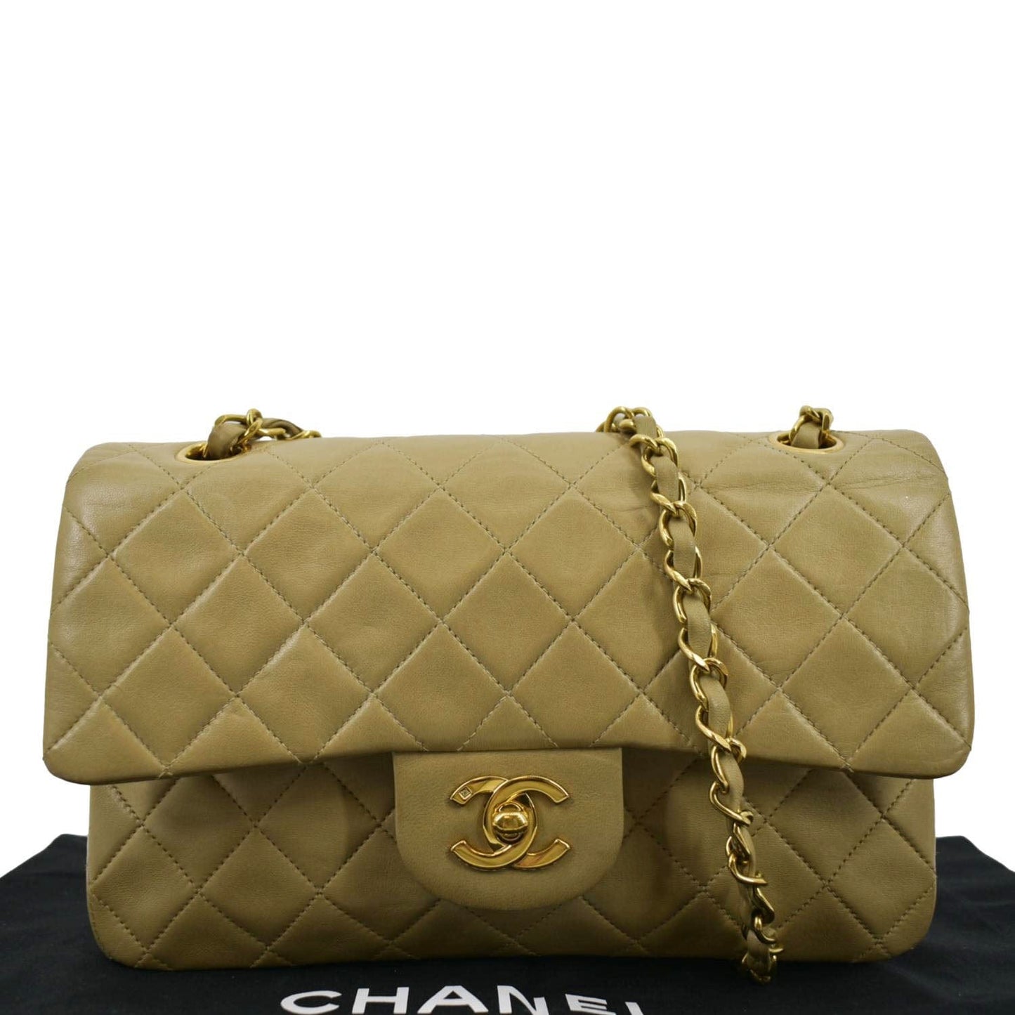 Chanel Classic Double Flap Taupe Leather Beige Travel Bag