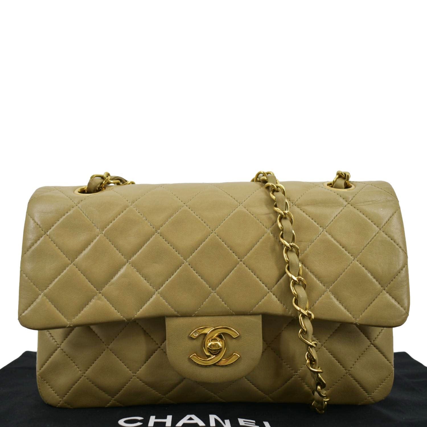 Chanel Classic Double Flap Taupe Leather Beige Travel Bag