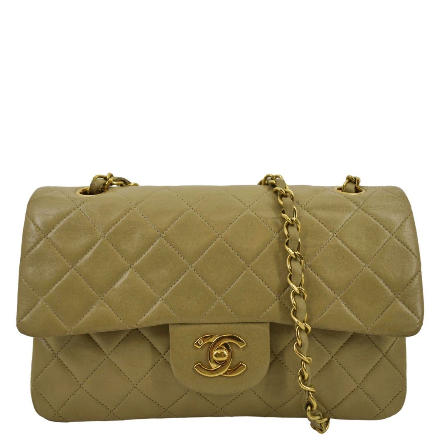 Chanel Classic Double Flap Taupe Leather Beige Travel Bag