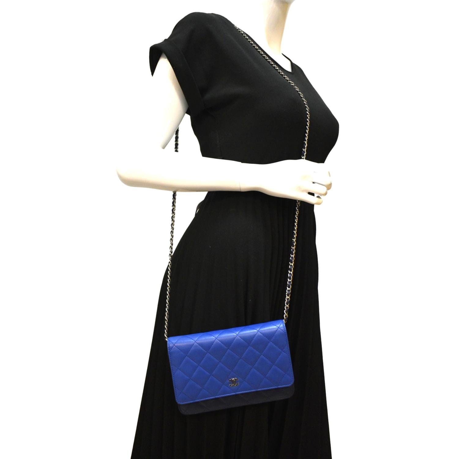 Chanel WOC Quilted Tricolor Leather Blue Wallet Case