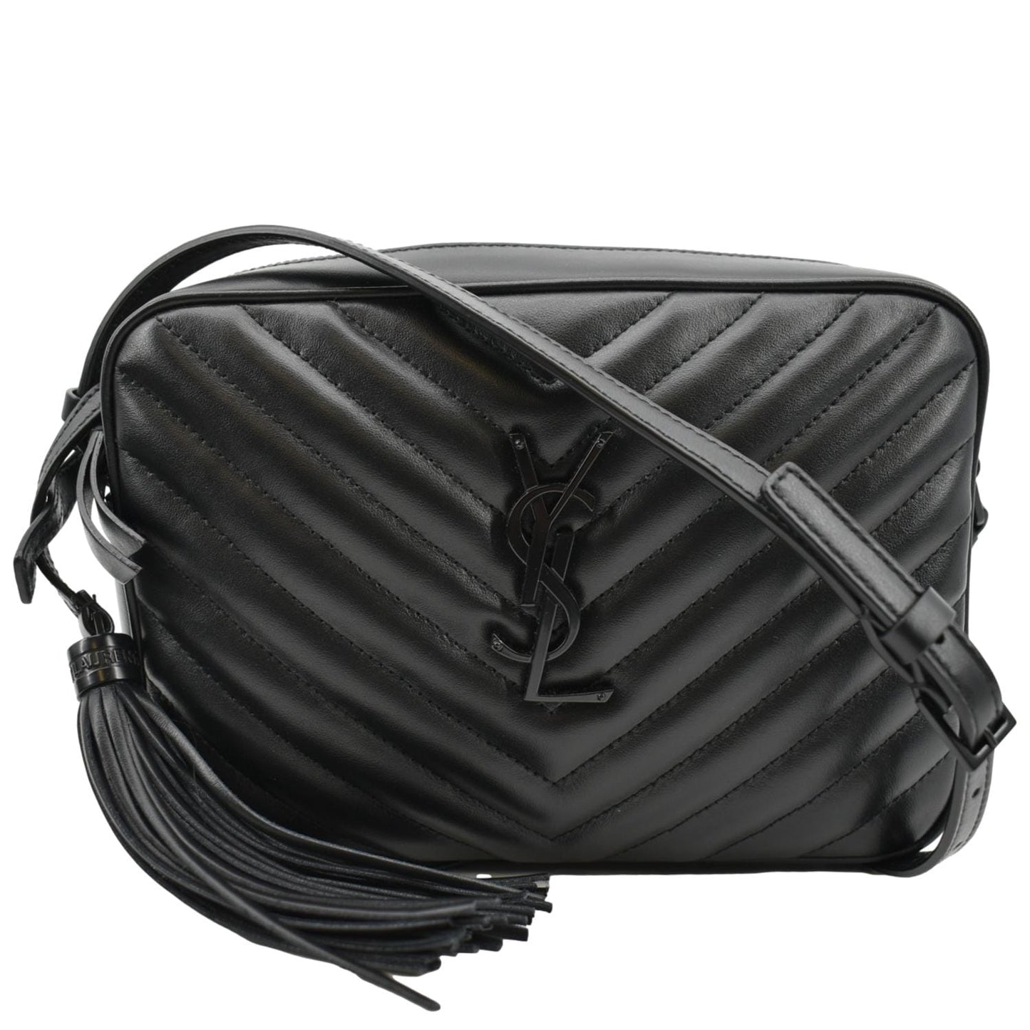 YSL Saint Laurent Yves Lou Chevron Camera Crossbody Bag Leather Black Camera Bag Black