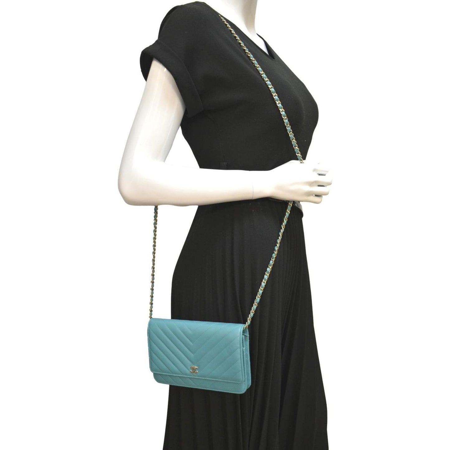 Chanel CC WOC Chevron On Turquoise Leather Wallet Case