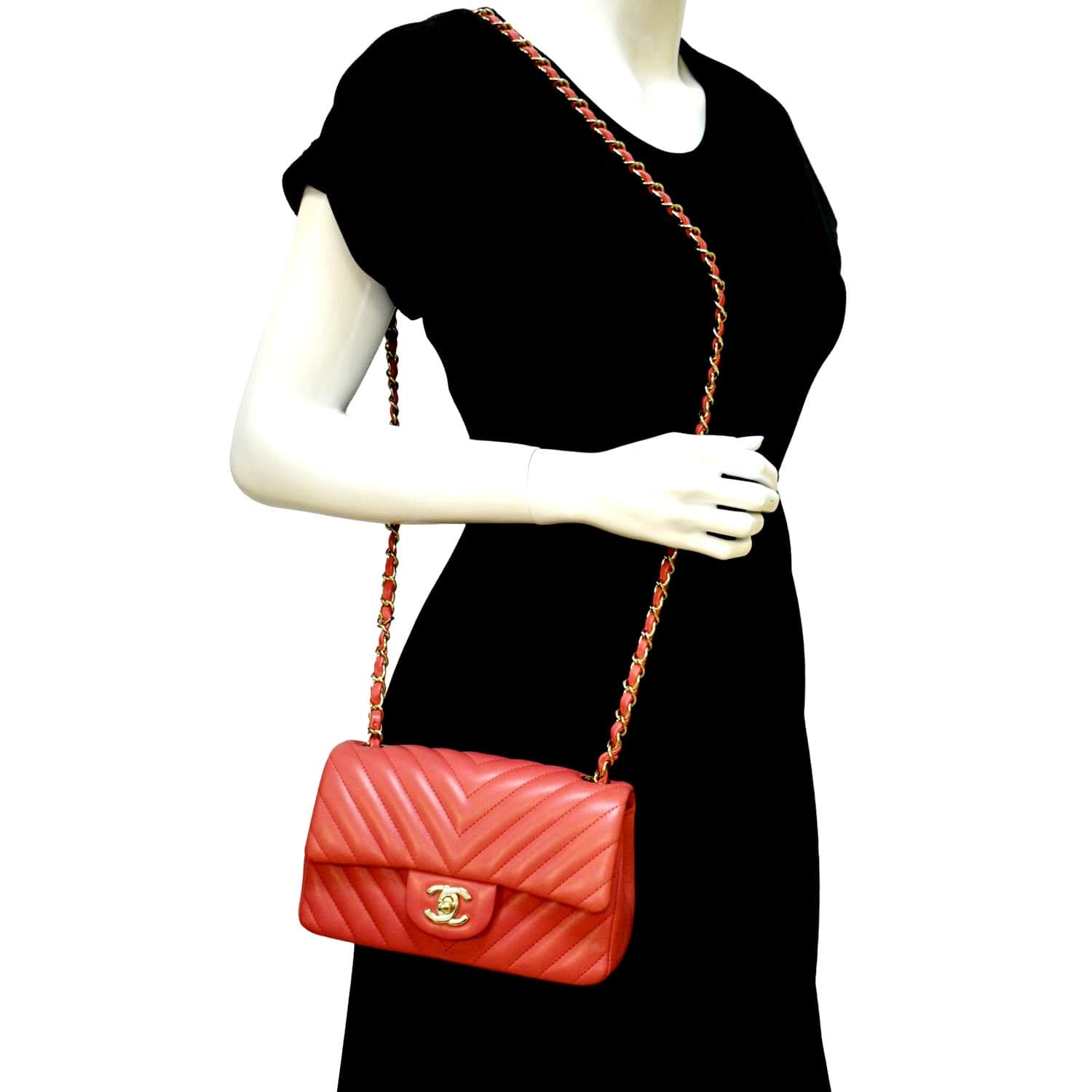 Chanel Rectangular Flap Mini Quilted Chevron Leather Shoulder Bag Red