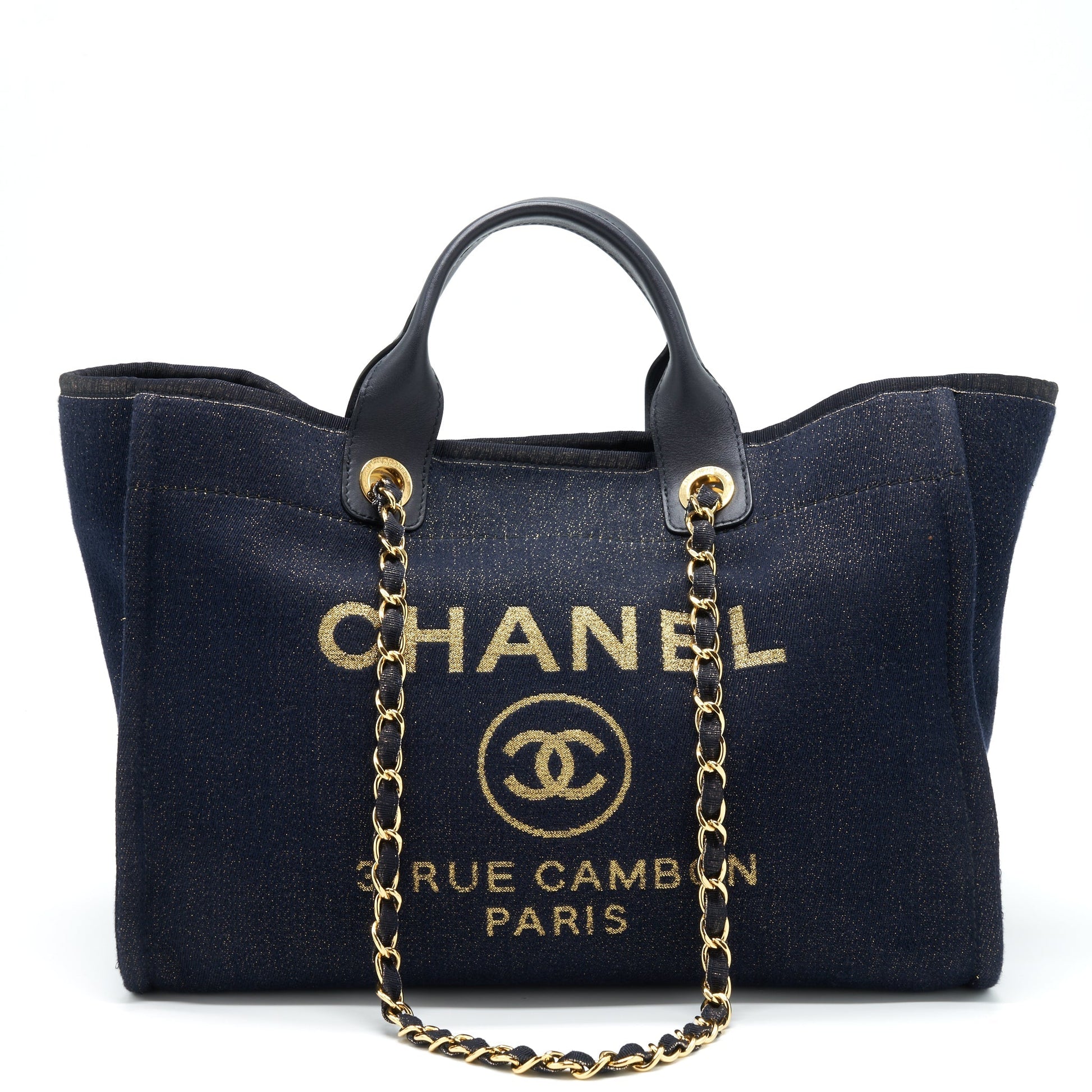 Chanel Deauville Denim Dark GHW Blue Gold Tote Bag