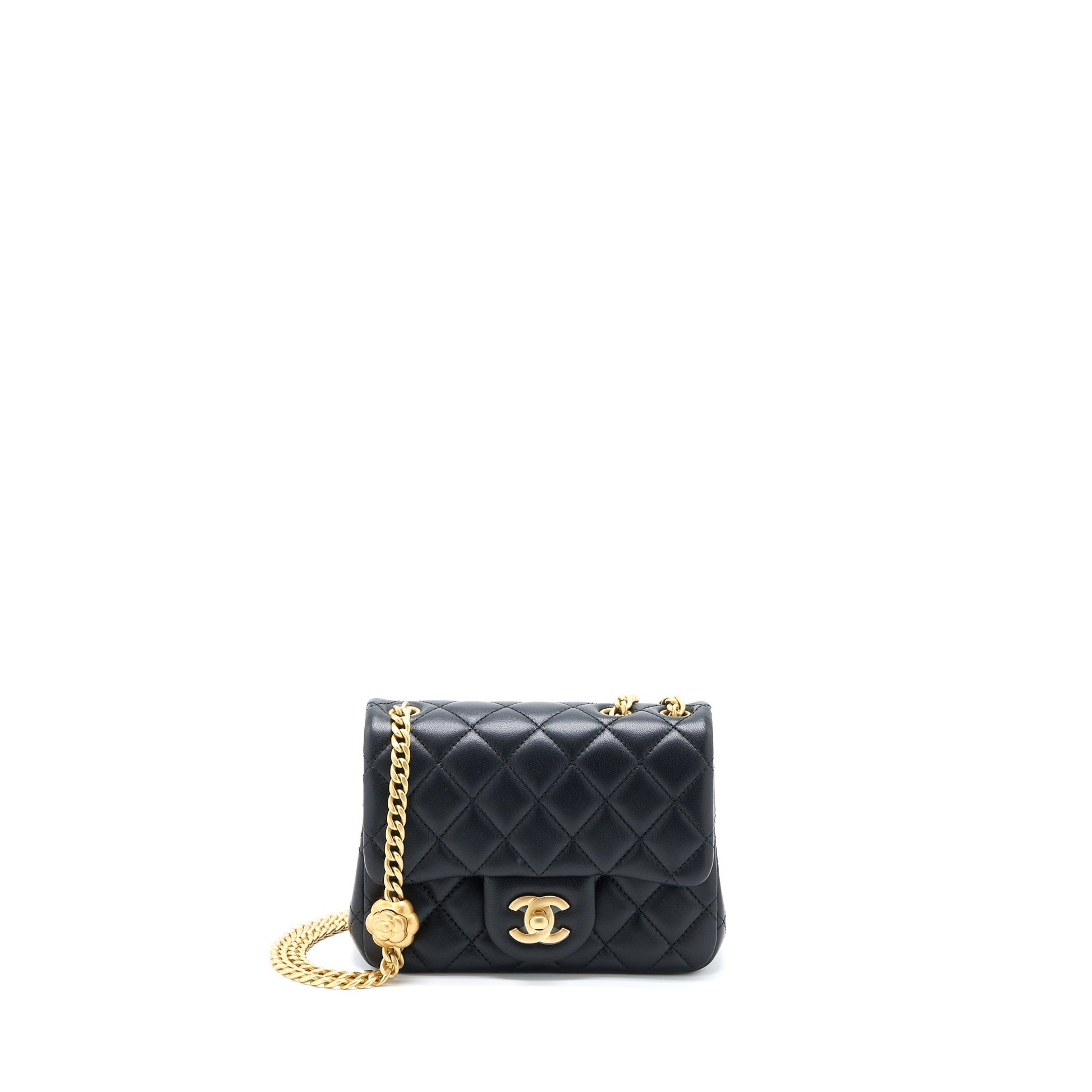 Chanel 23S Camellia Square Flap Lambskin Brushed Black Shoulder Bag