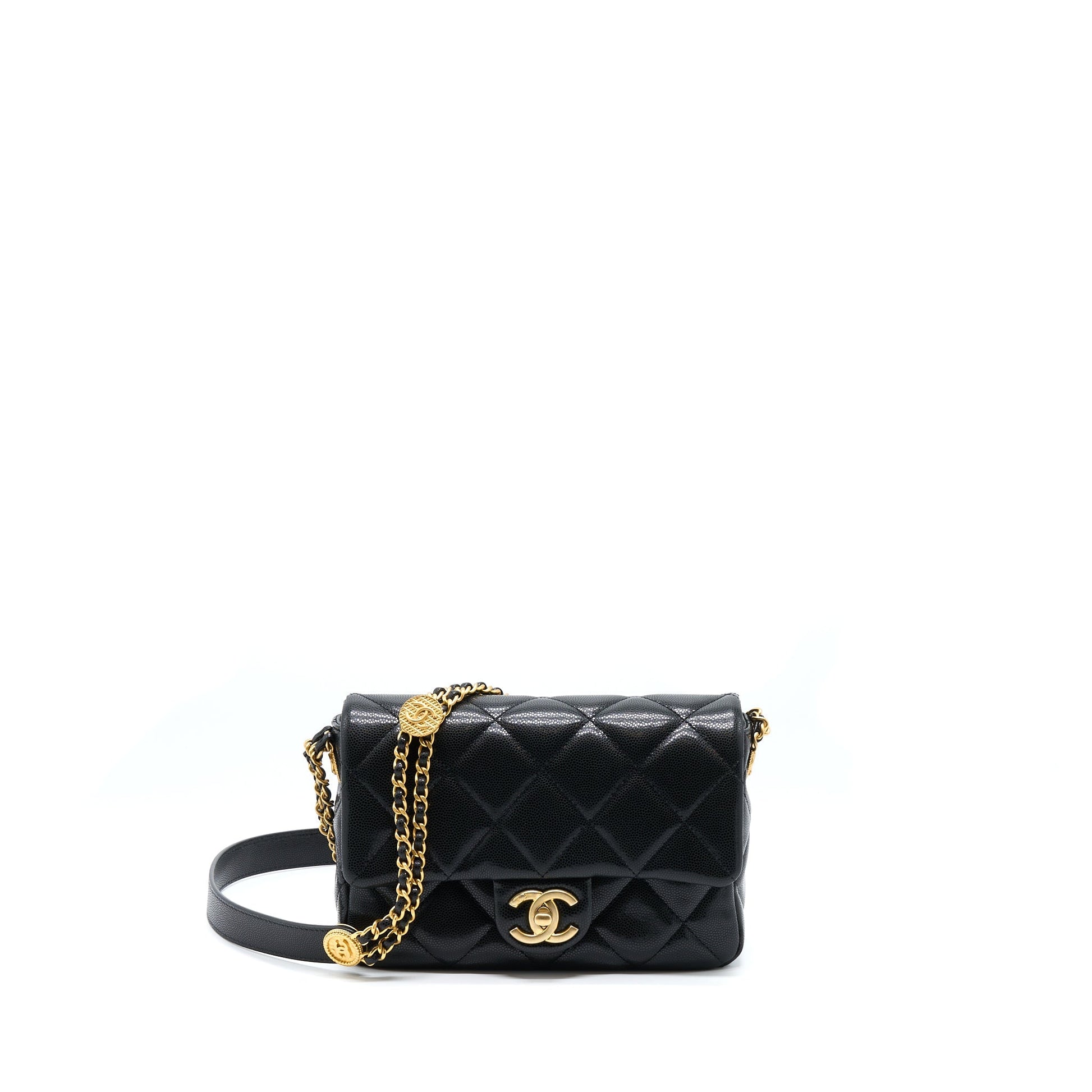 Chanel 22A Flap Caviar Brushed Hardware Microchip Black Gold Small Shoulder Bag