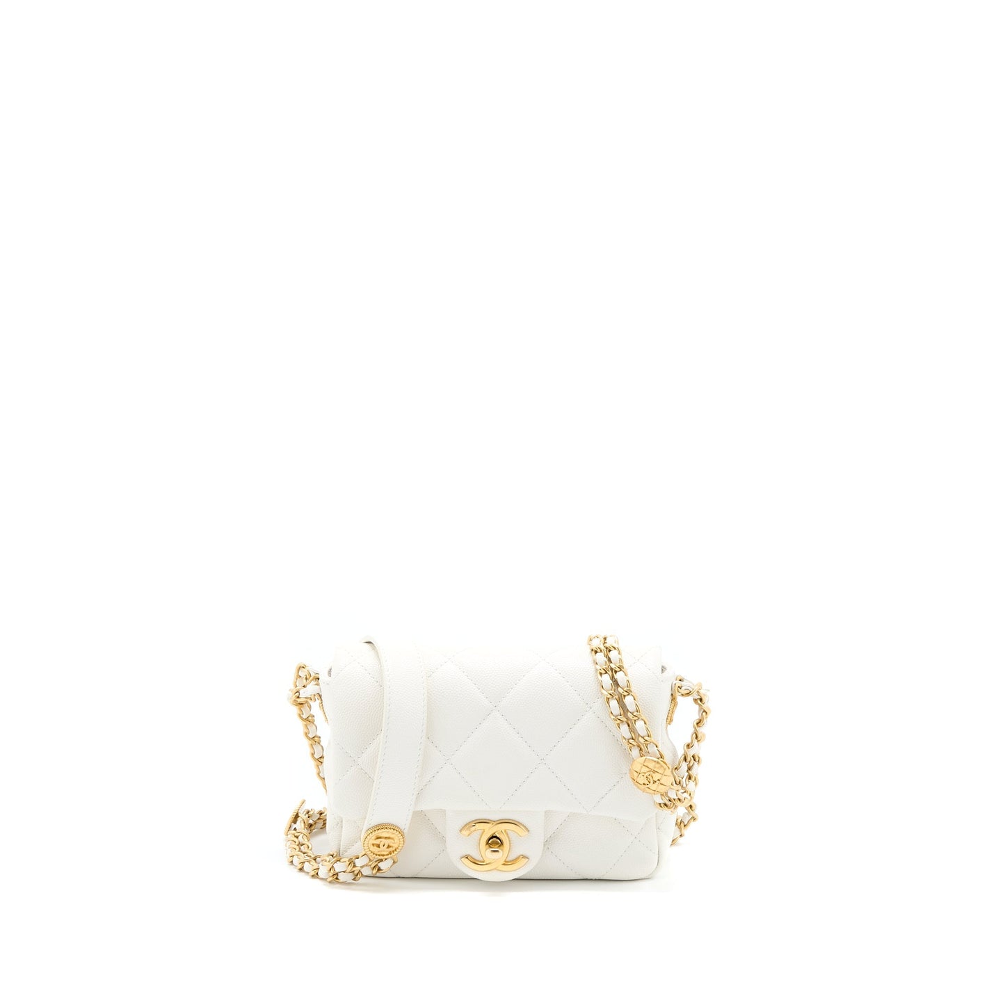 Chanel 22A Square Flap Caviar Brushed GHW White Shoulder Bag