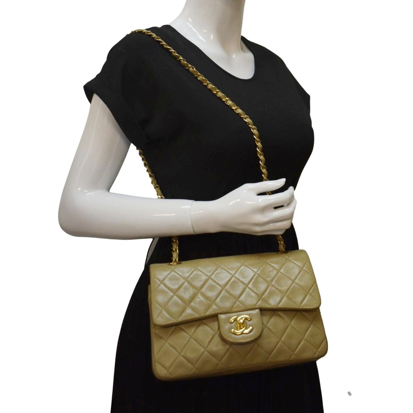 Chanel Classic Double Flap Leather Beige Travel Bag